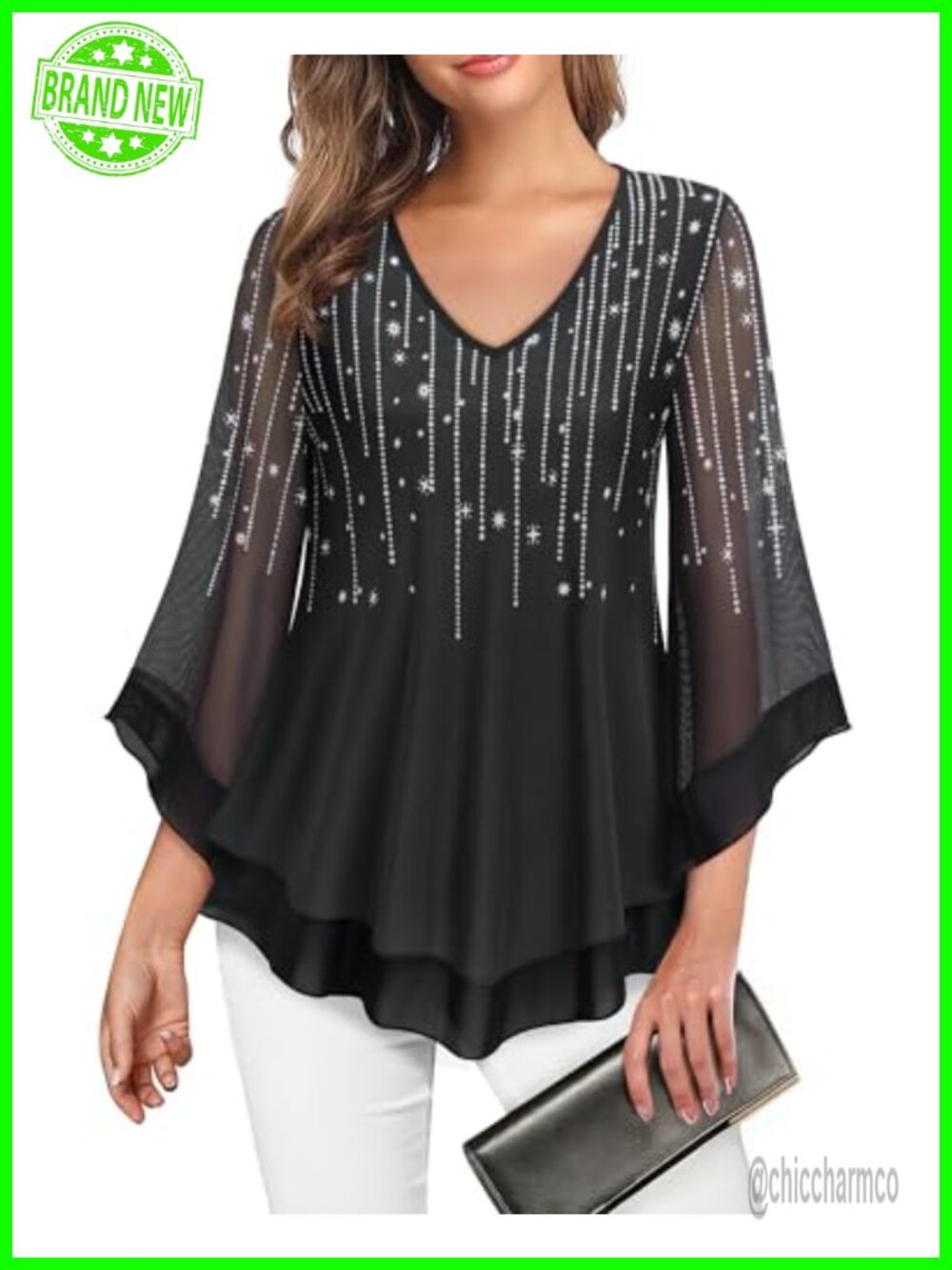 Womens Double Layers Mesh Blouse Ruffle 3/4 Flared Sleeve Tunic Top